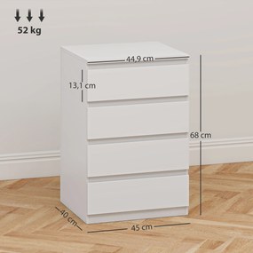 Cómoda com 4 Gavetas com Fecho Suave para Quarto Escritório Estilo Moderno 45x40x68 cm Branco