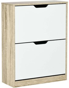 HOMCOM Armário para Sapatos Sapateira de Madeira com 2 Portas Abatíveis 4 Prateleiras de Armazenamento Capacidade 8 Pares de Sapatos para Entrada Corredor Dormitório 62,5x26x81cm Branco e Natural