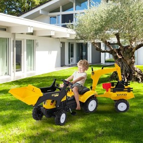 Trator infantil com reboque de carga removível de pedais de 6 rodas para crianças de 3 a 6 anos Amarelo