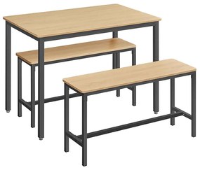 Mesa de Jantar VASAGLE com 2 Bancos, Conjunto de 3, Mesa de Cozinha 70 x 110 x 75 cm, 2 Bancos 30 x 97 x 50 cm cada, Estrutura de Aço, Carvalho Dourado, Tinta Preta KDT070B09