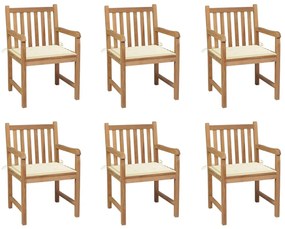 Cadeiras de jardim c/ almofadões cor creme 6 pcs teca maciça