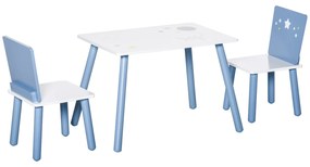 HOMCOM Conjunto de Mesa Infantil e 2 Cadeiras de Madeira Mesa com Cadeiras para Crianças de 2-4 Anos Branco e Azul