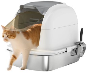 PawHut Caixa de Areia para Gatos em Aço Inoxidável XL Caixa de Areia para Gatos Grandes com Tampa Abatível Laterais Alta Entrada Superior Pá sem Odores Fácil de Limpar Antifugas 52,4x41,3x42 cm Branco
