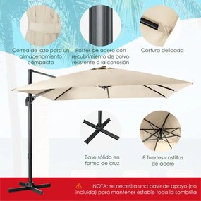 Guarda-sol 300 cm para jardim com manivela, 3 inclinações, rotação de 360°, 8 varas, base cruzada Bege