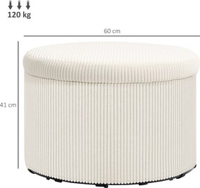 Pufe com arrumação, banco redondo, pufe para apoiar os pés em veludo canelado, capacidade de carga de 120 kg, Ø 60 x 41 cm, bege