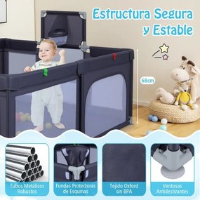 Parque infantil grande e seguro 207 x 145 x 68 cm com cesto de basquetebol e redes de futebol, argolas para lançar e bolas oceânicas, portas cinza esc