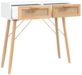 Mesa consola 80x30x75 cm pinho maciço e vime natural branco