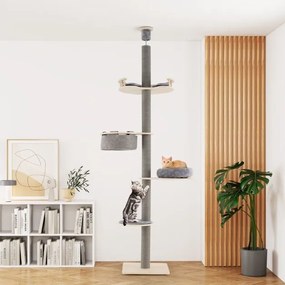 Arranhador para gatos do chão ao teto com altura ajustável de 236-271 cm com plataformas, almofadas, rede e poste para arranhar cinza.