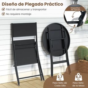 Conjunto de jardim dobrável de 3 peças para exterior com assento respirável e tampo de vidro temperado com estrutura metálica preta