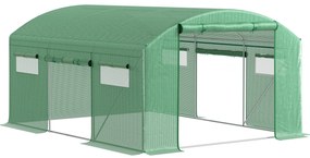 Outsunny Estufa tipo Túnel 397x300x200 cm Estufa de Exterior com 4 Janelas de Malha Cobertura de PE Anti UV e 3 Portas Enroláveis Verde | Aosom Portugal