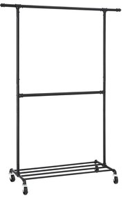 Cabideiro industrial sobre rodas SONGMICS, carga máxima de 110 kg, haste dupla para pendurar roupas, display comercial resistente, preto HSR62BK