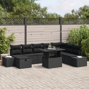 Conjunto de Sofá de Jardim de 9 Peças com Almofadas Preto Polirattan
