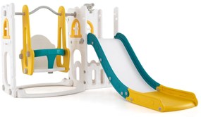 Conjunto de escorrega Crianças em forma de L 7 em 1 com baloiço, aro de basquetebol e telescópio Amarelo e Verde