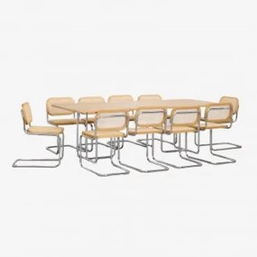 Conjunto De Mesa Retangular 240x100 Cm Em Mdf E Aço Inox E 10 Cadeiras De Jantar Tento Rattan Folheado A Freixo - Sklum