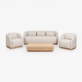 Conjunto De Sala Com Sofá De 3 Lugares, 2 Poltronas E Mesa De Centro Retangular 130x75 Cm Em Madeira De Acácia Verona Marrom Acácia Claro - Sklum