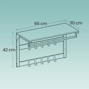 Cabide de parede com prateleira e 10 ganchos removíveis 30 x 65 x 42 cm cor de carvalho + branco