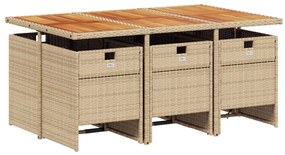 7 pcs conjunto de jantar p/ jardim com almofadões vime PE bege
