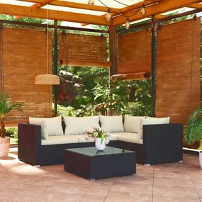 vidaXL 5 pcs conjunto lounge de jardim c/ almofadões vime PE preto
