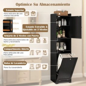 Armário de casa de banho com arrumação 40 x 40 x 170 cm prateleira ajustável, saco de roupa suja com alças longas e curtas preto