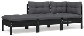 3 pcs conjunto lounge jardim c/ almofadões pinho maciço preto