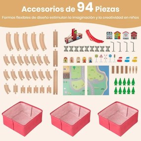 Mesa Comboio de Madeira para Crianças com 2 Tabuleiros Reversíveis 94 peças de acessórios, 3 Gavetas de Tecido para Crianças a partir dos 3 Anos, Verm