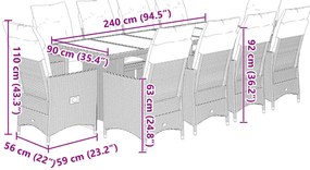 11 pcs conjunto de bistrô p/ jardim c/ almofadões vime PE bege