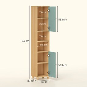 Móvel de casa de banho 30 x 30 x 166 cm, móvel de arrumação com 2 armários, 2 compartimentos abertos e prateleiras ajustáveis, verde