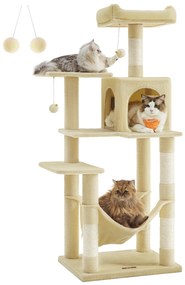 Feandrea PCT161M01 Torre de Brinquedos para Gatos Altura 143 cm com 4 Arranhadores, 2 Plataformas, 1 Canil, 1 Rede, 2 Pompons, Tecido Pelúcia, Multinível, Bege