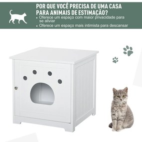Casa para Gatos de Madeira Caixa de Areia para Gatos com Porta e Entrada em Forma de Garra para Descansar 48x51x51cm Branco