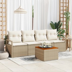 Conjunto de Sofá de Jardim vidaXL de 5 Peças com Almofadas Bege Rattan Poliéster Acácia