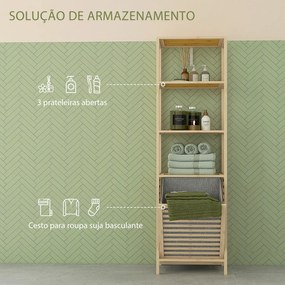 Estante de Casa de Banho em Bambu com 3 Prateleiras e 1 Cesto para Roupa Suja Removível 44x33x160 cm Natural