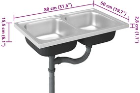 Lava-louça cozinha + cuba dupla 800x500x155mm aço inox prateado