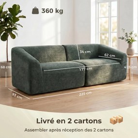 Sofá de 3 lugares em chenille, 225 (L) x 93 (P) x 68 (A) cm, sofá de sala estofado moderno com assento largo, almofada com molas, verde escuro