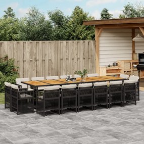 17 pcs conjunto de jantar p/ jardim c/ almofadões vime PE preto