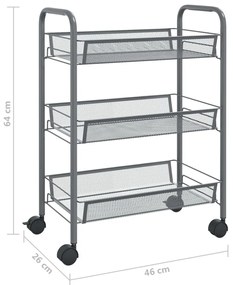 Carrinho de cozinha c/ 3 prateleiras ferro 46x26x64 cm cinzento