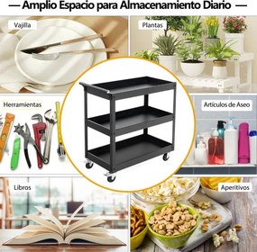 Carrinho de metal multifuncional 77,5 x 38 x 79 cm com 3 prateleiras e pega ergonómica Rodas para escritório ou garagem Preto