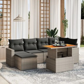 7 pcs conjunto sofás p/ jardim c/ almofadões vime PE cinzento