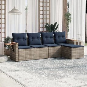 5 pcs conjunto sofás p/ jardim c/ almofadões vime PE cinzento