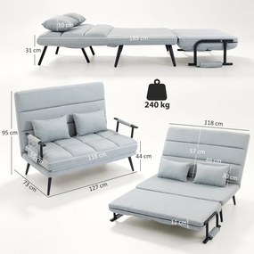 Sofá-cama de 2 Lugares 3 em 1 em Tecido Efeito Linho com Encosto Ajustável Click-Clack, Cinzento-claro