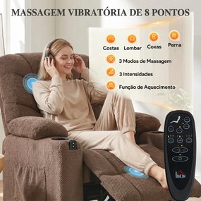 Poltrona Relax Reclinável Elétrico com Calor Lombar Massagem Vibratória Motor Silencioso Função Memória Bolsos e USB Castanho