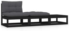 vidaXL 3pcs conjunto lounge de jardim c/ almofadões pinho maciço preto