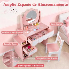 Conjunto de Toucador Infantil e Cadeira, 80 x 40 x 112 cm, Amplo Espaço de Arrumação, Cor-de-rosa