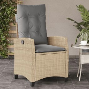 vidaXL Cadeira jardim reclinável com almofadões vime PE bege misturado