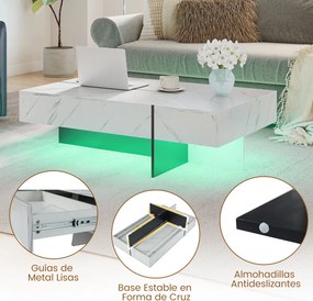 Mesa de centro  120 x 70 x 35 cm moderna com LED com 3 gavetas de arrumação, para sala de estar, branca