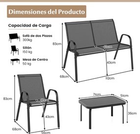 Conjunto de jardim exterior de 4 peças Mesa de café em vidro temperado Banco e 2 cadeiras individuais Tecido Textilene Mesa e cadeiras Cinzento