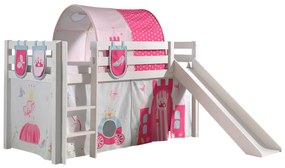 Conjunto Cama alta de Criança PINO 90 x 200 cm + estrado + escada + escorrega + cortina + 3 bolsas + túnel Princesa branca