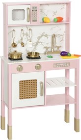 AIYAPLAY Cozinha de Brincar em Madeira com Som Acessórios em Aço Inoxidável Micro-Ondas Forno Lava-Loiças Legumes para Cortar 55x24x96 cm Rosa | Aosom Portugal