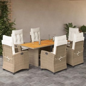 vidaXL 7 pcs conjunto de jantar p/ jardim com almofadões vime PE bege