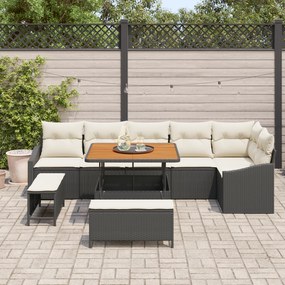 Conjunto de Sofá de Jardim de 9 Peças com Almofadas Preto Rattan Acácia