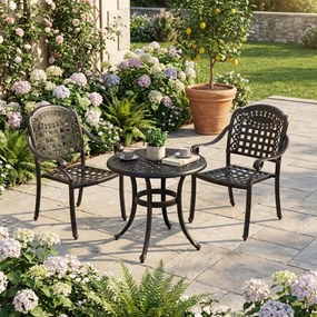 Conjunto jardim de 2 cadeiras empilháveis em alumínio fundido com braços e mesa auxiliar redonda para exterior (jardim, terraço), cor bronze
